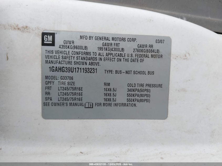 2007 Chevrolet Express Ls VIN: 1GAHG39U171193231 Lot: 43832139