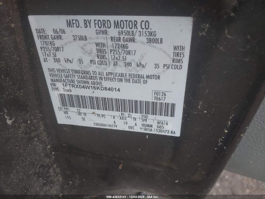 2006 Ford F-150 Stx/Xlt VIN: 1FTRX04W16KD84014 Lot: 43832141