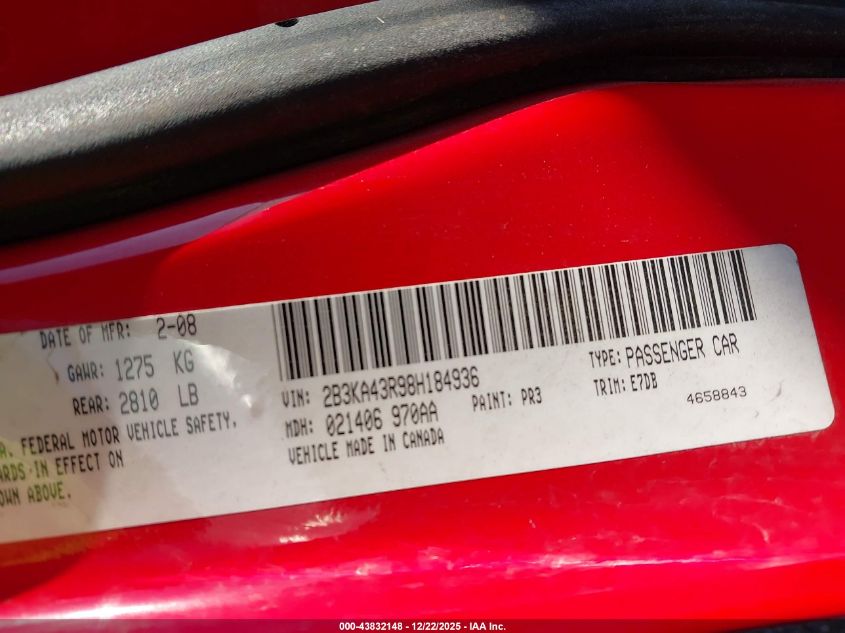 2008 Dodge Charger VIN: 2B3KA43R98H184936 Lot: 43832148