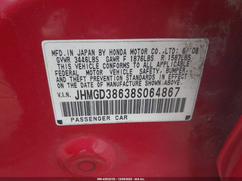 2008 Honda Fit Sport VIN: JHMGD38638S064867 Lot: 43832153