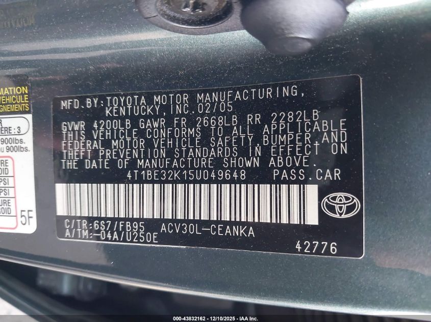 2005 Toyota Camry Le VIN: 4T1BE32K15U049648 Lot: 43832162