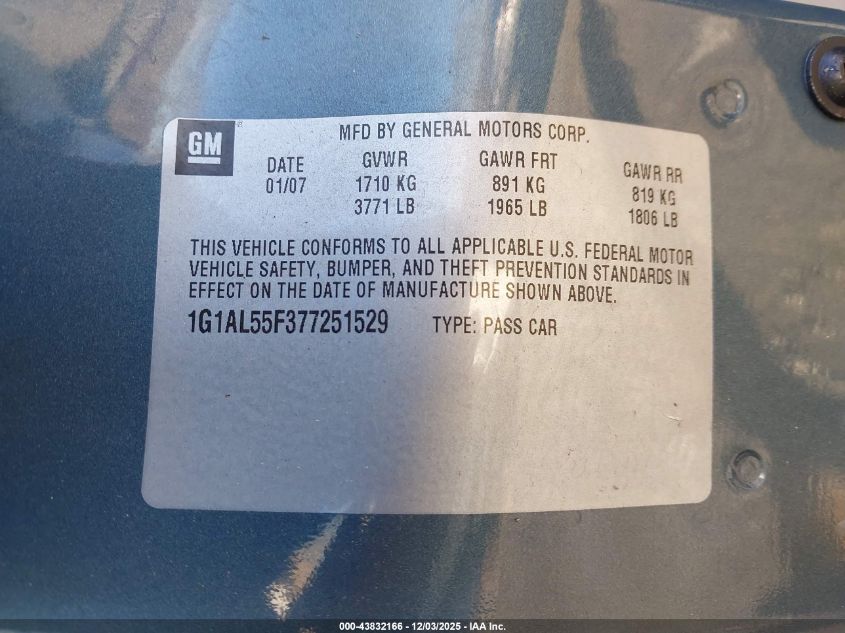 2007 Chevrolet Cobalt Lt VIN: 1G1AL55F377251529 Lot: 43832166