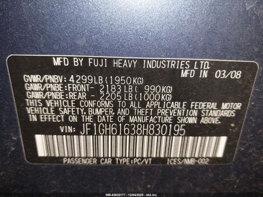 2008 Subaru Impreza 2.5I VIN: JF1GH61638H830195 Lot: 43832177