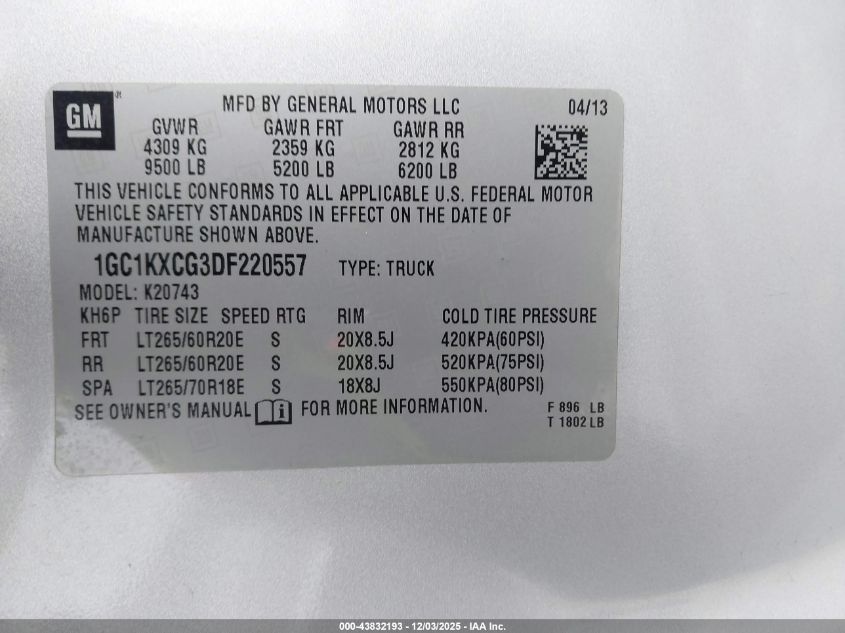 2013 Chevrolet Silverado 2500Hd Lt VIN: 1GC1KXCG3DF220557 Lot: 43832193