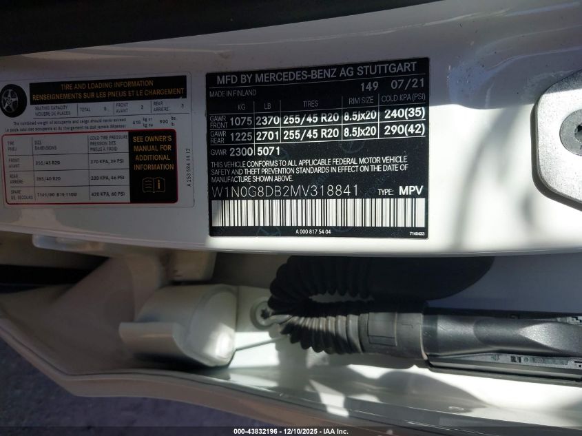 2021 Mercedes-Benz Glc 300 Suv VIN: W1N0G8DB2MV318841 Lot: 43832196