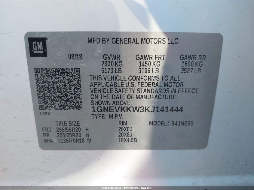 2019 Chevrolet Traverse Premier VIN: 1GNEVKKW3KJ141444 Lot: 43832200