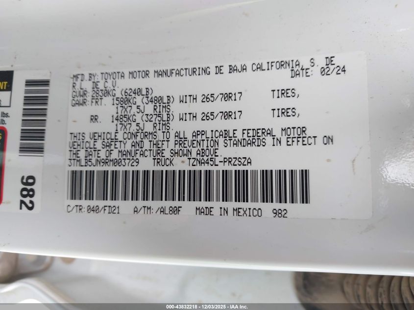 2024 Toyota Tacoma Trd Off Road VIN: 3TMLB5JN9RM003729 Lot: 43832218