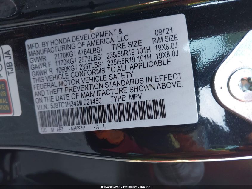 2021 Acura Rdx Standard VIN: 5J8TC1H34ML021450 Lot: 43832255