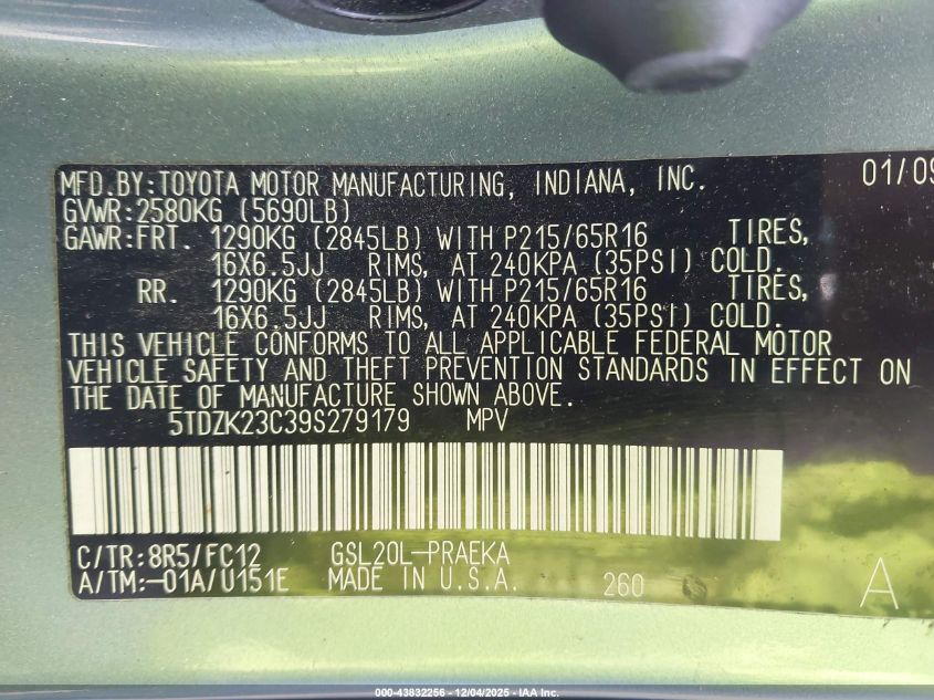 2009 Toyota Sienna Le VIN: 5TDZK23C39S279179 Lot: 43832256