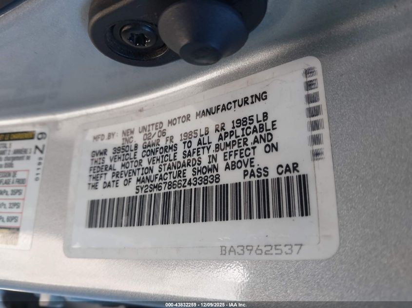 2006 Pontiac Vibe VIN: 5Y2SM67866Z433838 Lot: 43832259