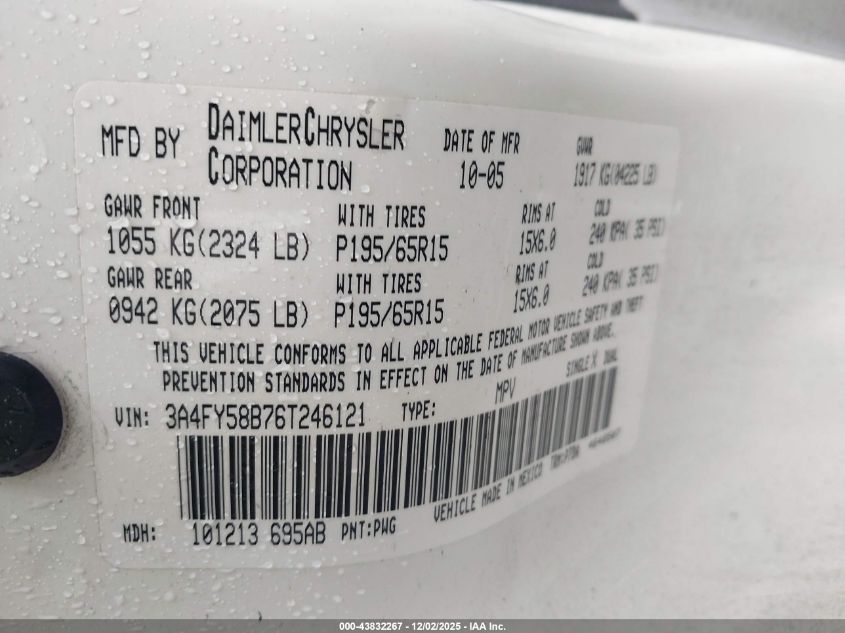 2006 Chrysler Pt Cruiser Touring VIN: 3A4FY58B76T246121 Lot: 43832267