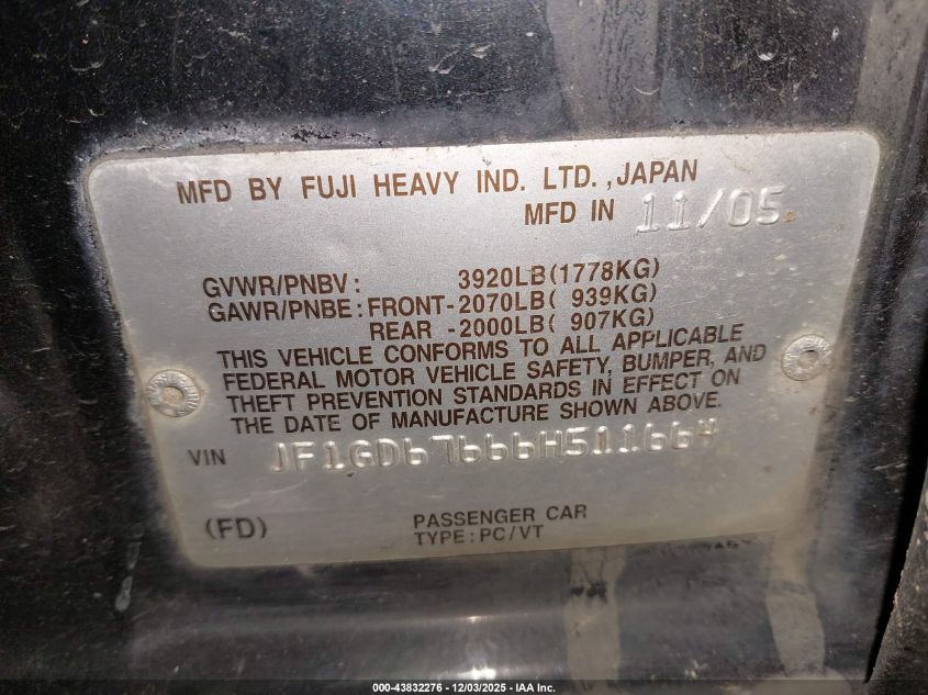 2006 Subaru Impreza 2.5I VIN: JF1GD67666H511664 Lot: 43832276