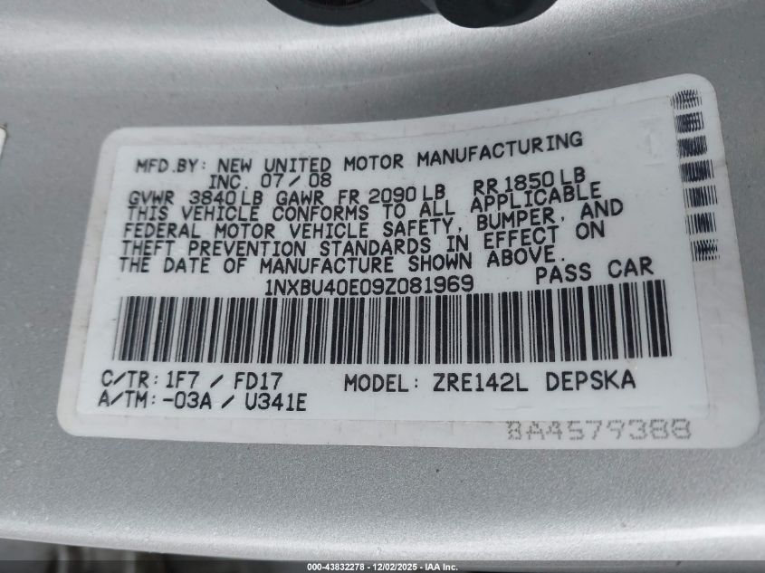 2009 Toyota Corolla S VIN: 1NXBU40E09Z081969 Lot: 43832278