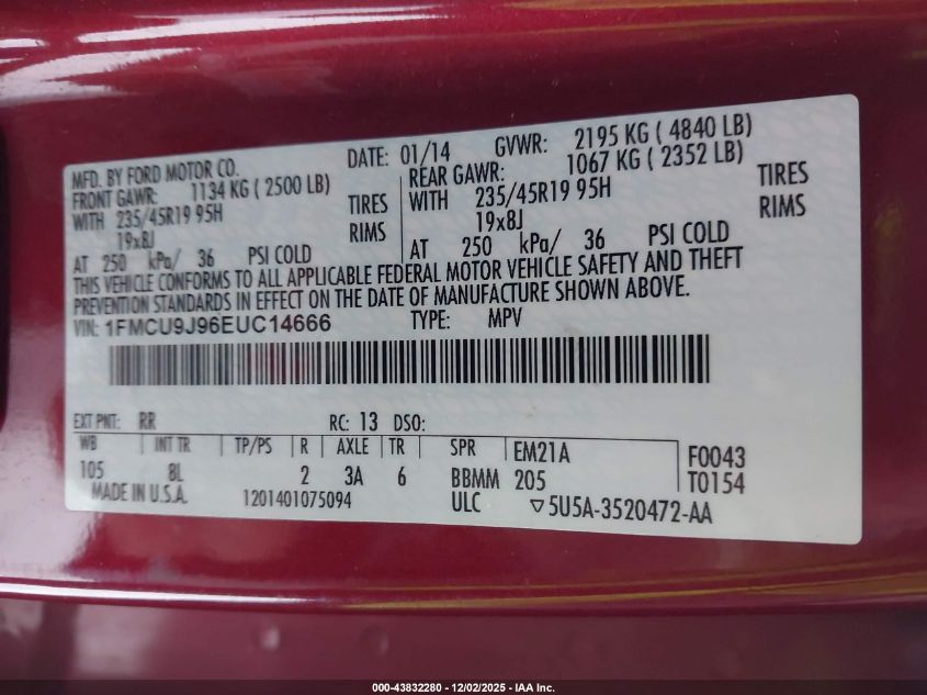 2014 Ford Escape Titanium VIN: 1FMCU9J96EUC14666 Lot: 43832280