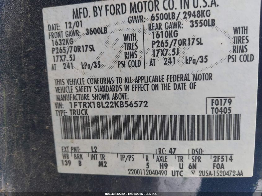 2002 Ford F-150 Lariat/Xl/Xlt VIN: 1FTRX18L22KB56572 Lot: 43832282