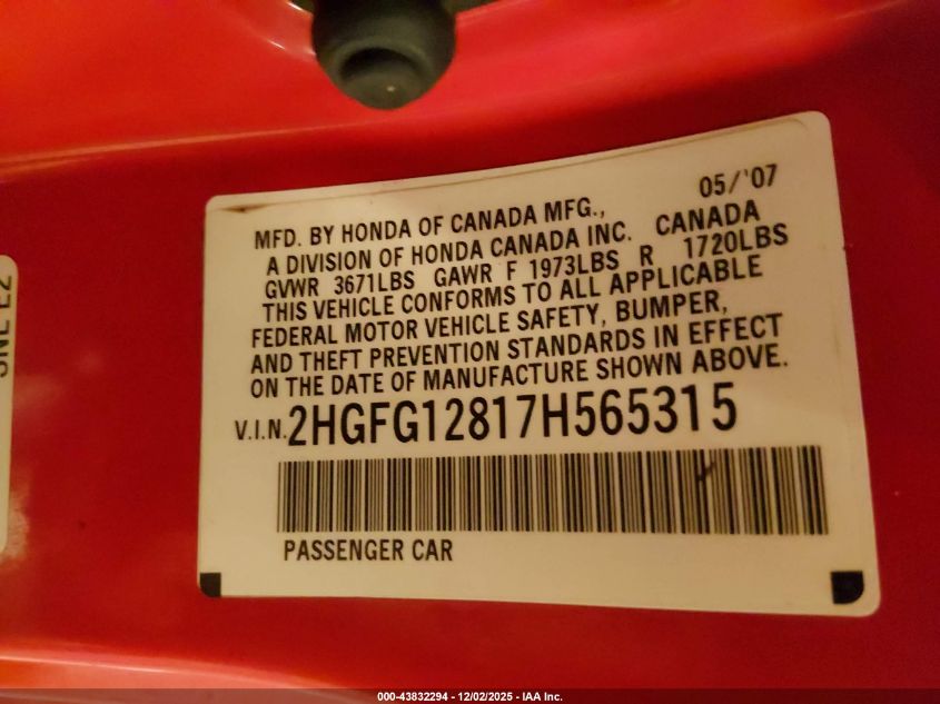 2007 Honda Civic Ex VIN: 2HGFG12817H565315 Lot: 43832294