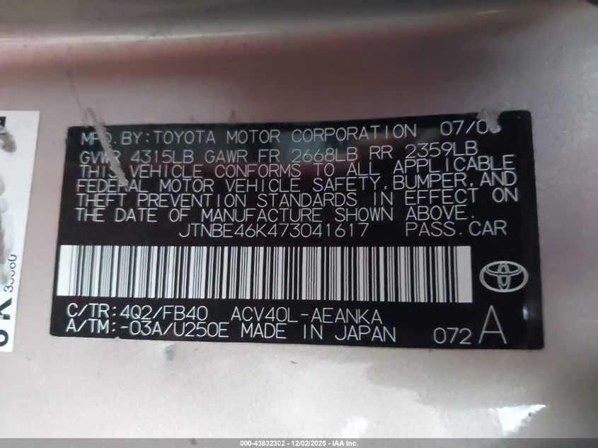 2007 Toyota Camry Ce VIN: JTNBE46K473041617 Lot: 43832302