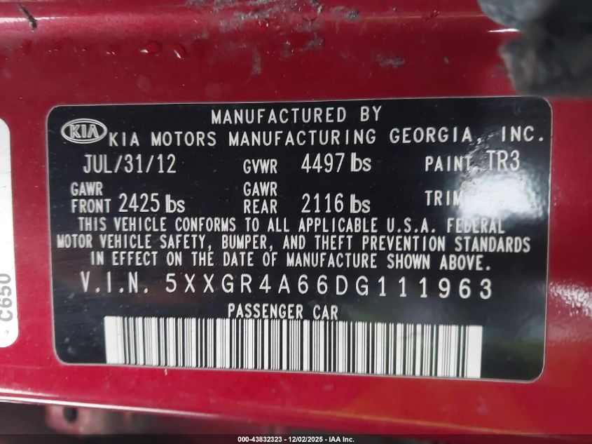 2013 Kia Optima Sx VIN: 5XXGR4A66DG111963 Lot: 43832323