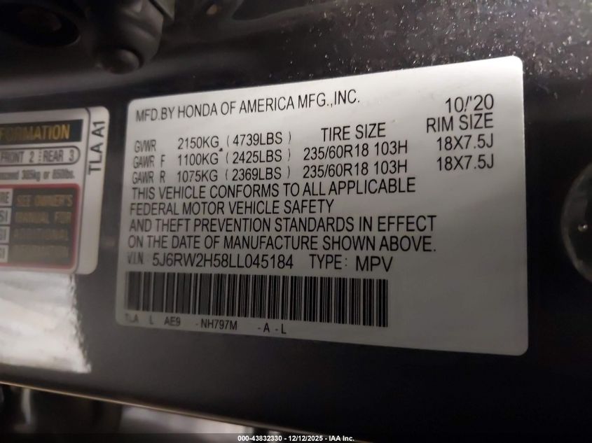 2020 Honda Cr-V Awd Ex VIN: 5J6RW2H58LL045184 Lot: 43832330