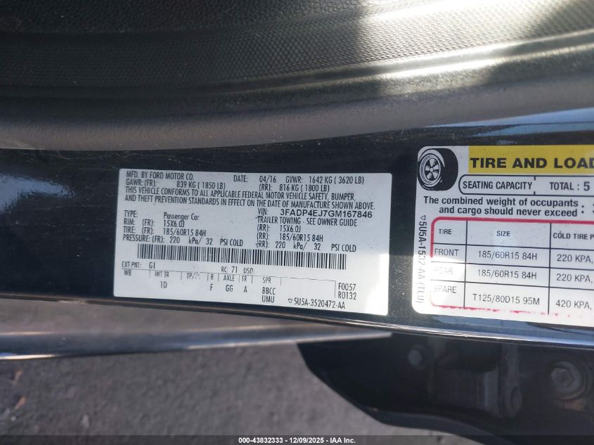 2016 Ford Fiesta Se VIN: 3FADP4EJ7GM167846 Lot: 43832333