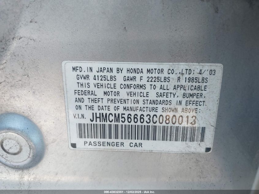 2003 Honda Accord 2.4 Ex VIN: JHMCM56663C080013 Lot: 43832351