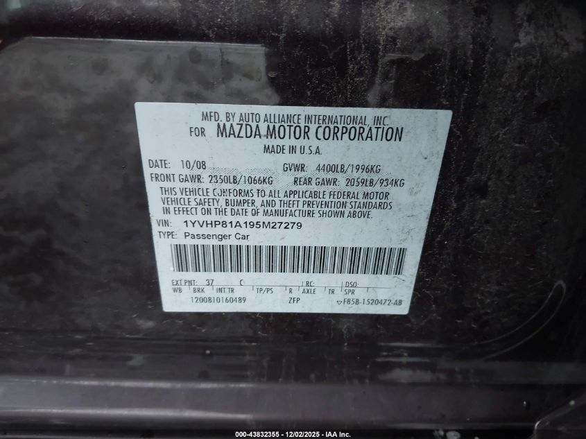 2009 Mazda Mazda6 VIN: 1YVHP81A195M27279 Lot: 43832355