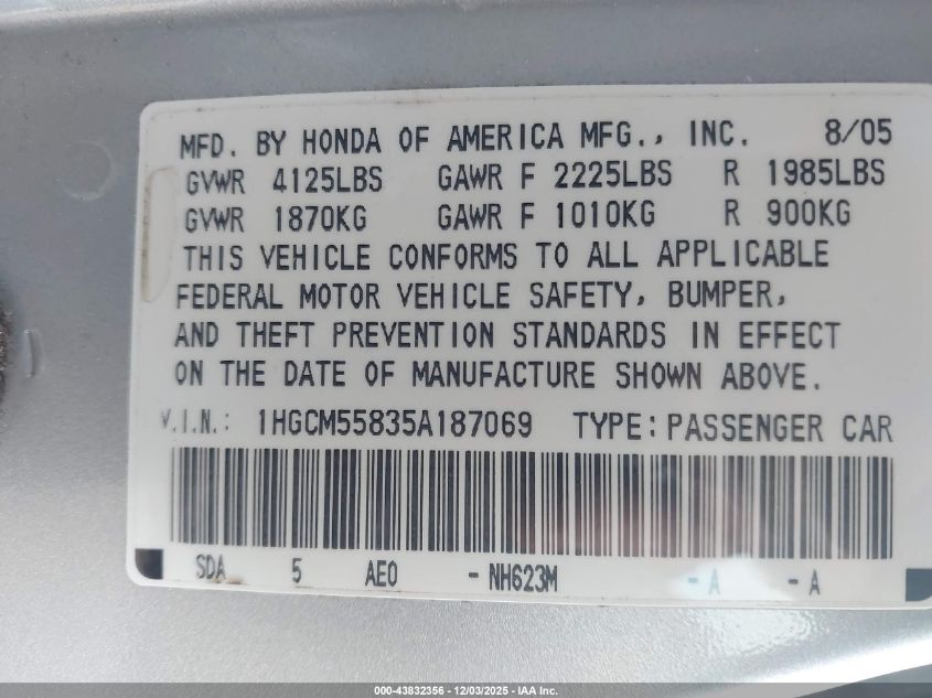 2005 Honda Accord 2.4 Ex VIN: 1HGCM55835A187069 Lot: 43832356