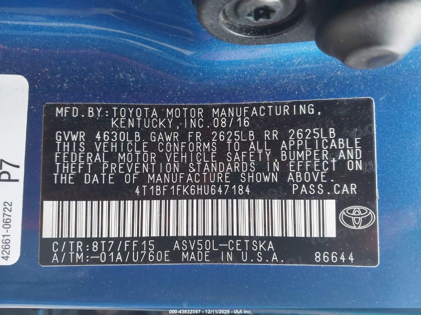 2017 Toyota Camry Se VIN: 4T1BF1FK6HU647184 Lot: 43832357