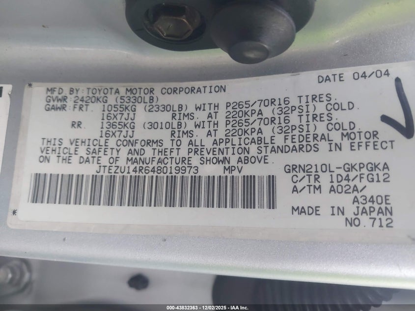 JTEZU14R648019973 2004 TOYOTA 4RUNNER photo no. 9