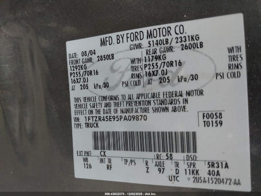 2005 Ford Ranger Edge/Fx4 Level Ii/Fx4 Off-Road/Xlt VIN: 1FTZR45E95PA09870 Lot: 43832370