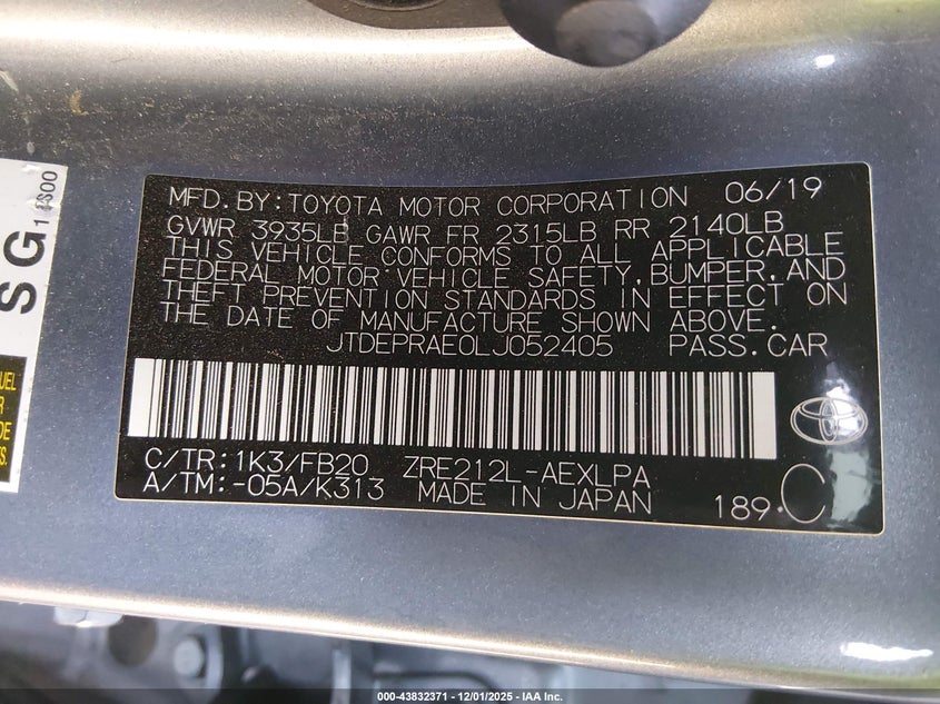 JTDEPRAE0LJ052405 2020 TOYOTA COROLLA photo no. 9
