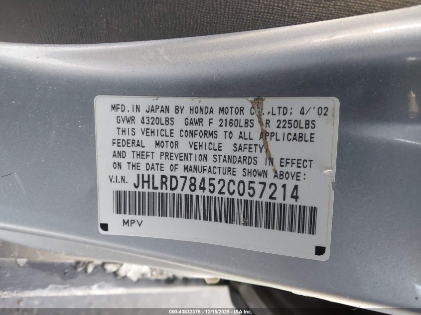 2002 Honda Cr-V Lx VIN: JHLRD78452C057214 Lot: 43832376