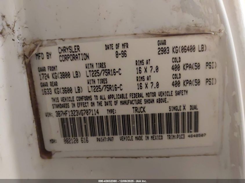 1997 Dodge Ram 1500 St VIN: 3B7HF13Z3VG707114 Lot: 43832380