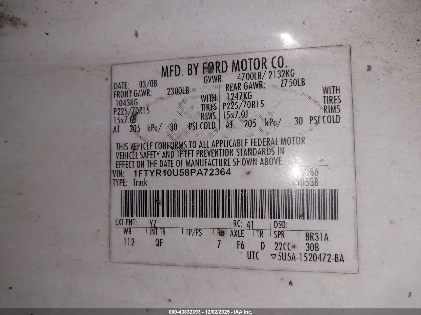 2008 Ford Ranger Sport/Xl/Xlt VIN: 1FTYR10U58PA72364 Lot: 43832393
