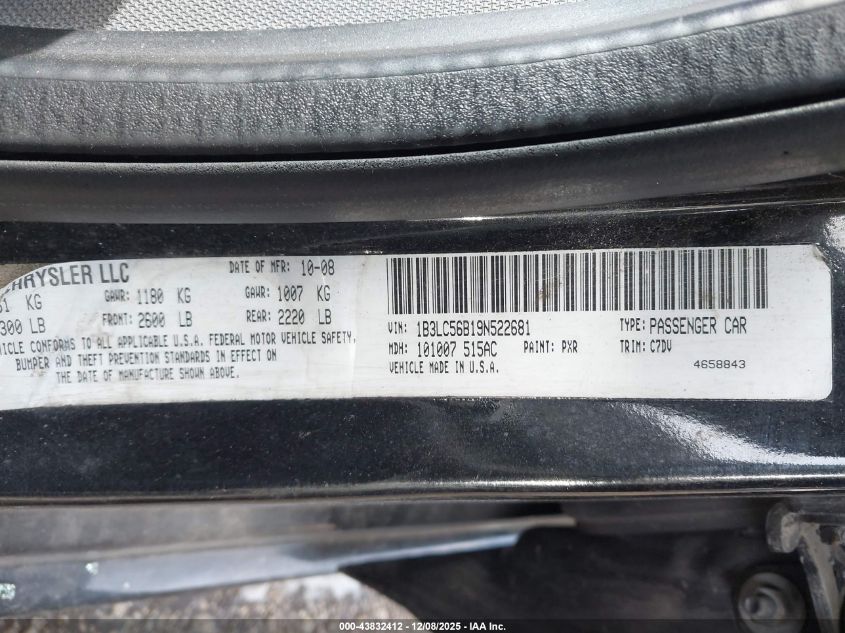 2009 Dodge Avenger R/T VIN: 1B3LC56B19N522681 Lot: 43832412