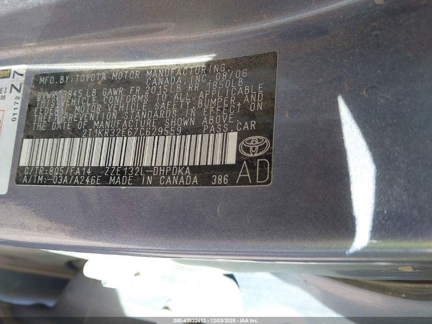 2007 Toyota Matrix VIN: 2T1KR32E67C629559 Lot: 43832413