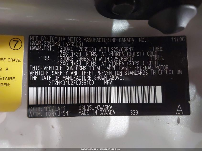 2007 Lexus Rx 350 VIN: 2T2HK31U27C036400 Lot: 43832437