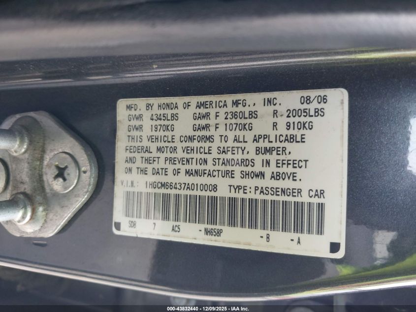 2007 Honda Accord 3.0 Se VIN: 1HGCM66437A010008 Lot: 43832440