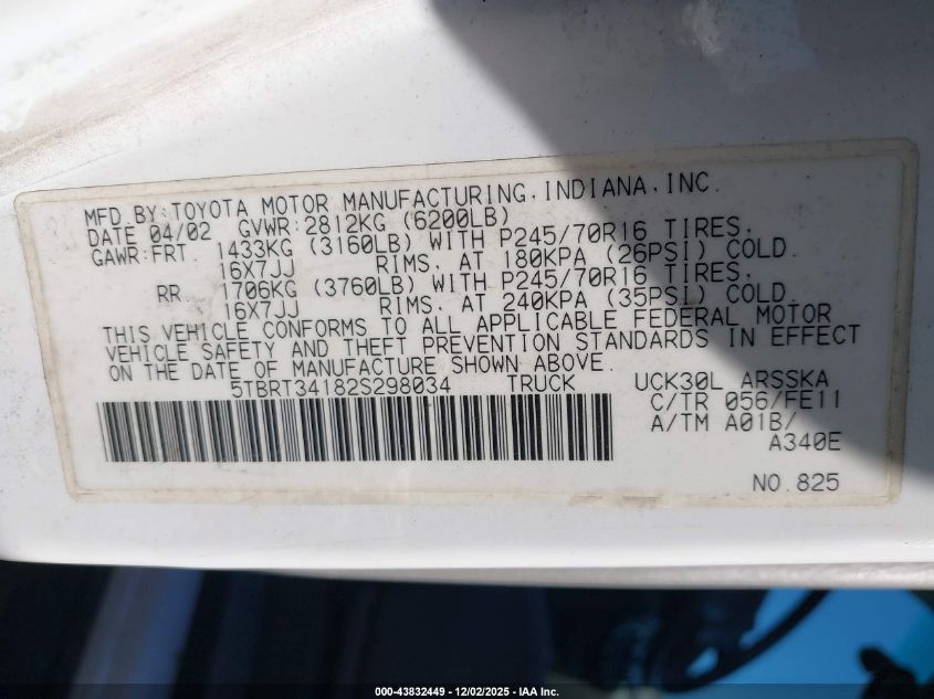 2002 Toyota Tundra Sr5 V8 VIN: 5TBRT34182S298034 Lot: 43832449