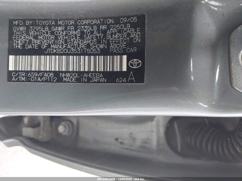 2005 Toyota Prius VIN: JTDKB20U353115053 Lot: 43832456