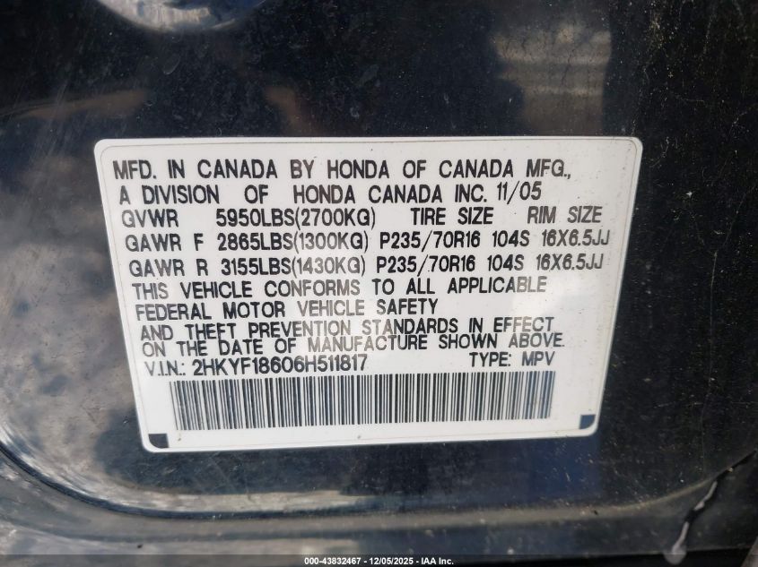 2006 Honda Pilot Ex-L VIN: 2HKYF18606H511817 Lot: 43832467