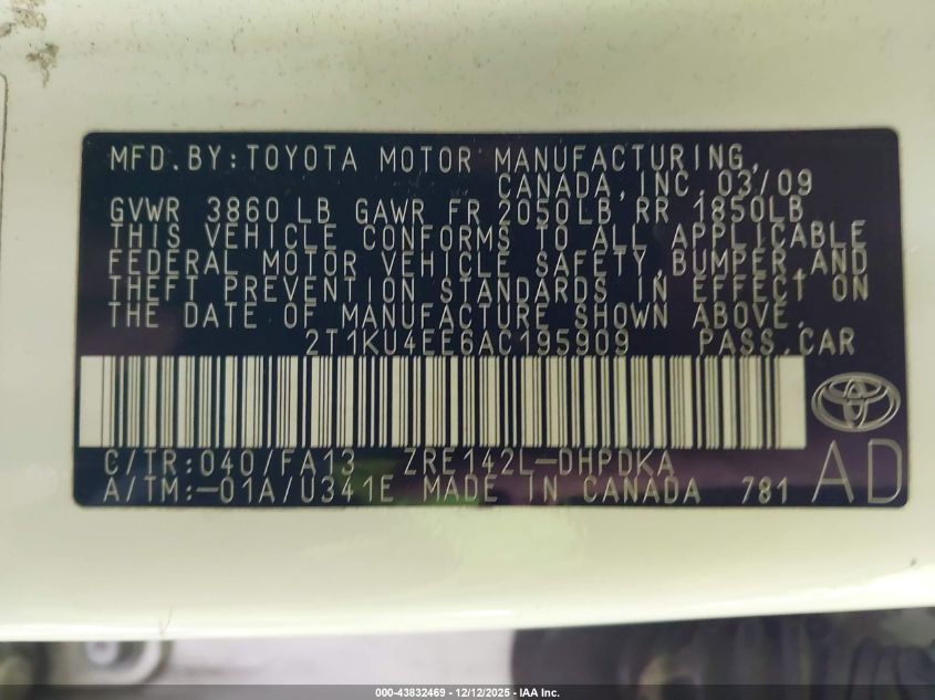 2010 Toyota Matrix VIN: 2T1KU4EE6AC195909 Lot: 43832469