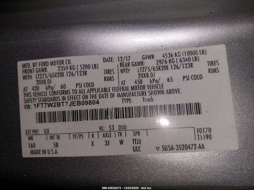2018 Ford F-250 Lariat VIN: 1FT7W2BT7JEB09804 Lot: 43832473