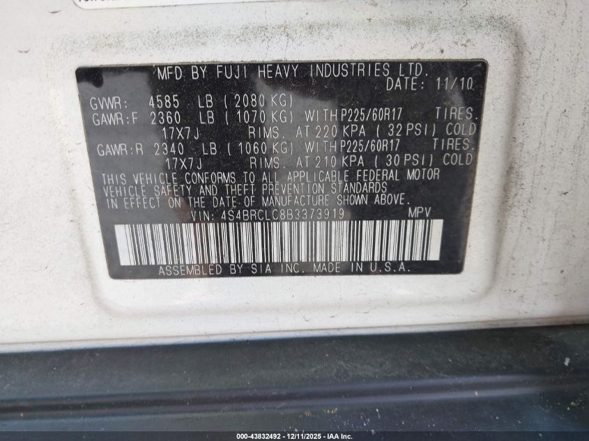 2011 Subaru Outback 2.5I Limited VIN: 4S4BRCLC8B3373919 Lot: 43832492