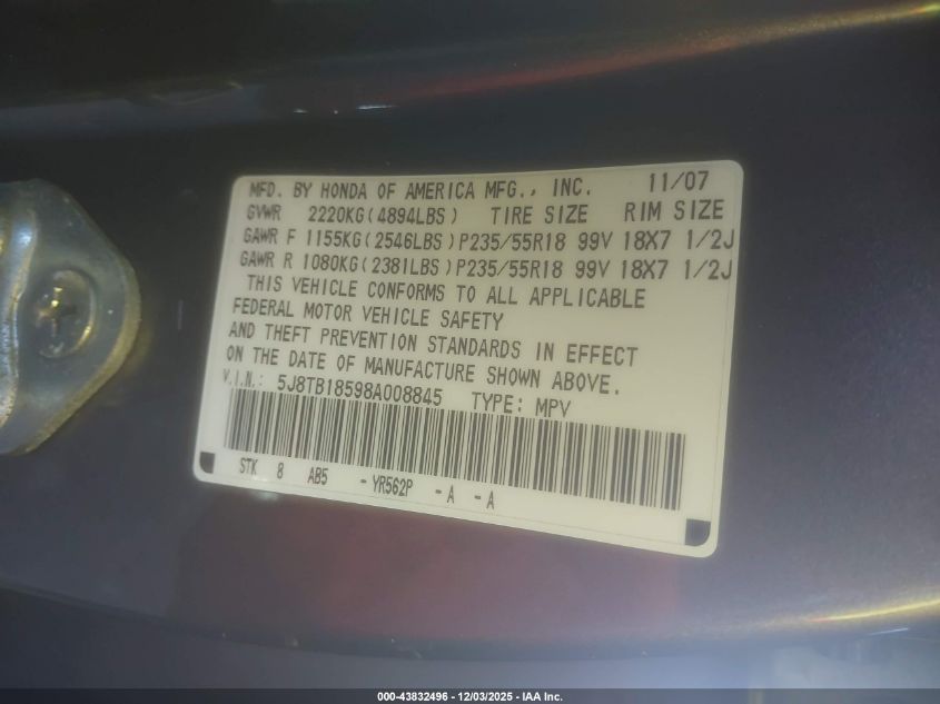 2008 Acura Rdx VIN: 5J8TB18598A008845 Lot: 43832496