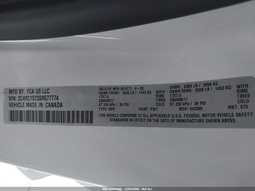 2025 Chrysler Pacifica Hybrid Select VIN: 2C4RC1S73SR577774 Lot: 43832499