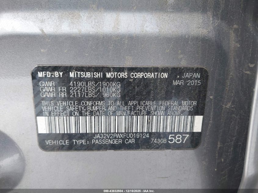 2015 Mitsubishi Lancer Se VIN: JA32V2FWXFU019124 Lot: 43832504