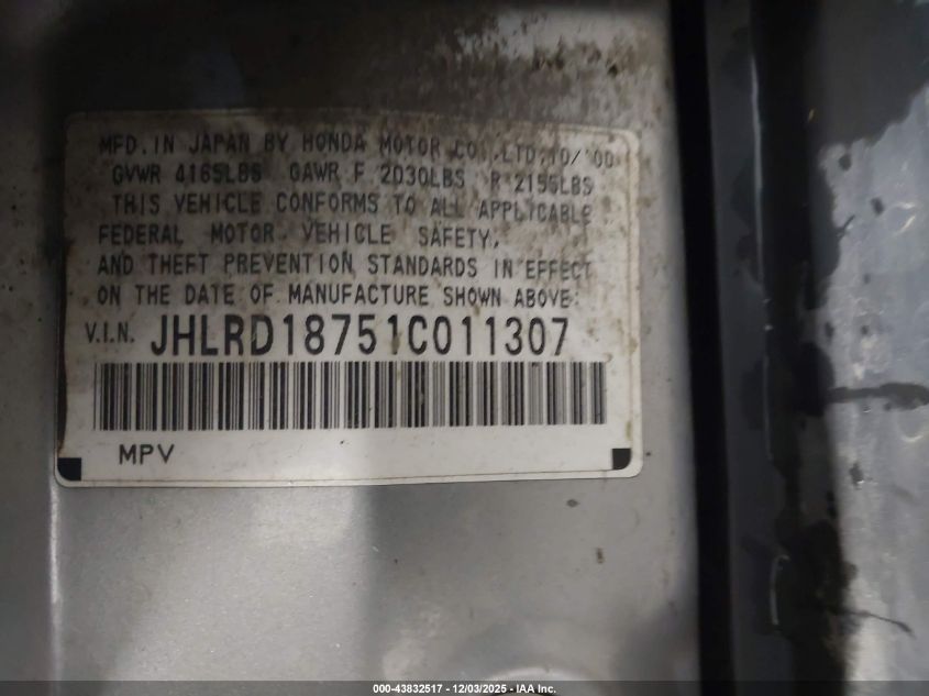 2001 Honda Cr-V Special Edition VIN: JHLRD18751C011307 Lot: 43832517