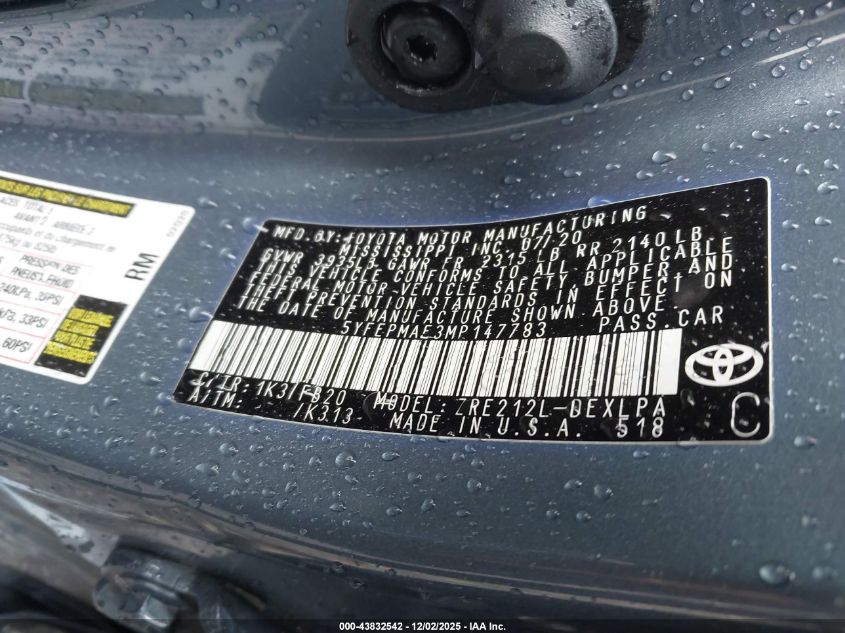 2021 Toyota Corolla Le VIN: 5YFEPMAE3MP147783 Lot: 43832542