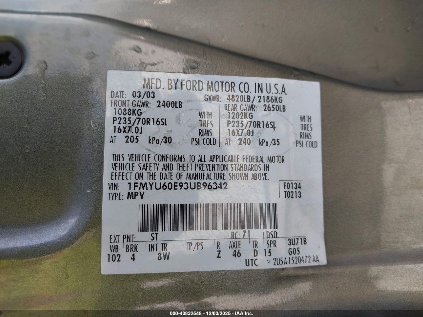 2003 Ford Explorer Sport Xls/Xlt VIN: 1FMYU60E93UB96342 Lot: 43832548